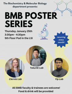 BMB Poster Series: Ciernia, Tokuriki & Yip Lab – January 25, 2024, 3:30 pm – 4:30 pm, 5th Floor Pod, LSI